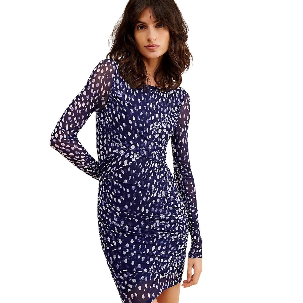 Free People Katana Ruched Mesh Mini Dress M Navy Blue Polka Dot Abstract Boho